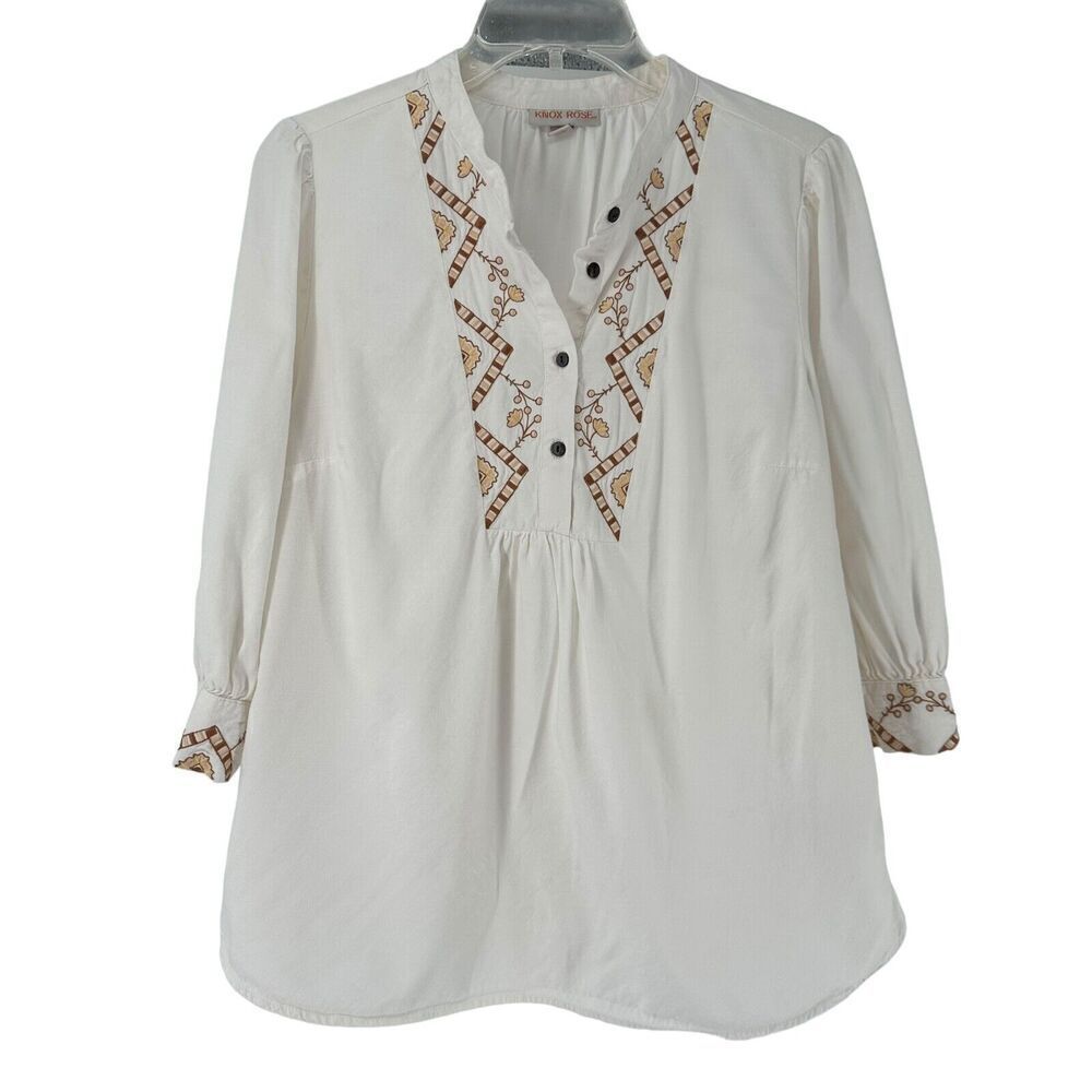 Knox Rose Bohemian Top White Embroidered 3/4 Sleeve Size M Peasant Popover Top